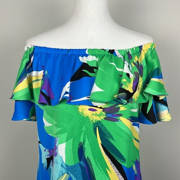 London Times On Off Shoulder Ruffle Multi Floral Tropical Mini Dress Sz 6 Resort - Picture 7 of 15